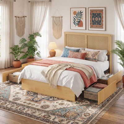 Natural Rattan Bed Frame with LED Headboard and Wood Legs, No Box Spring Needed