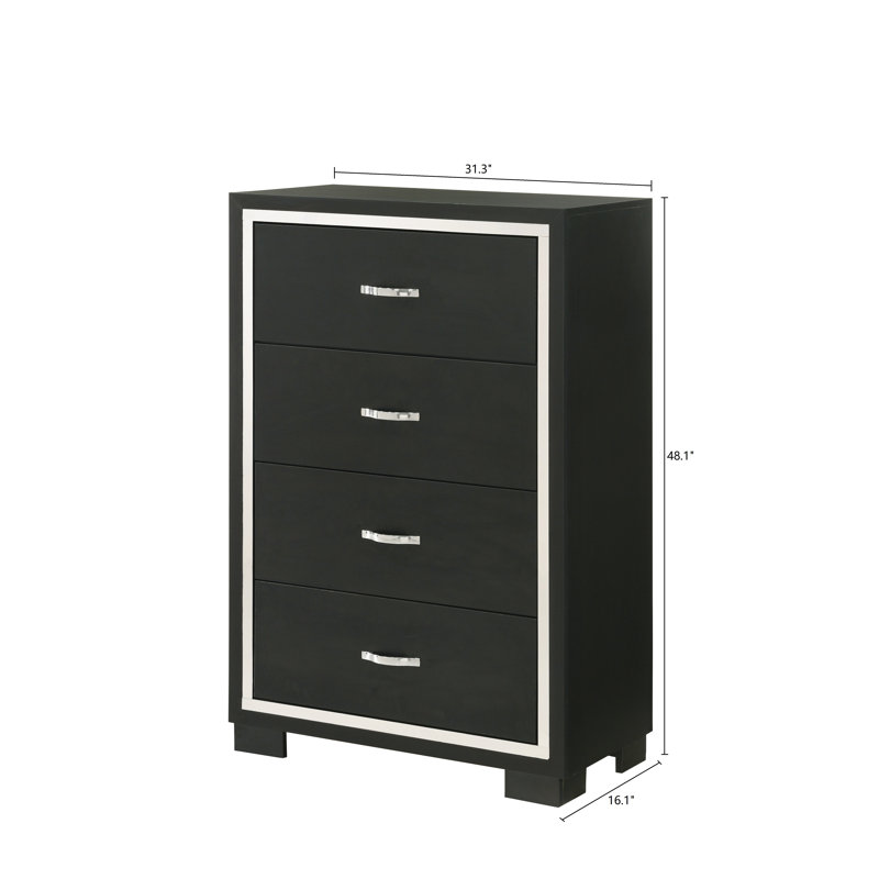 Meuble de chambre à coucher moderne à 1 tiroir Glam 4 tiroirs avec poignées en métal noir