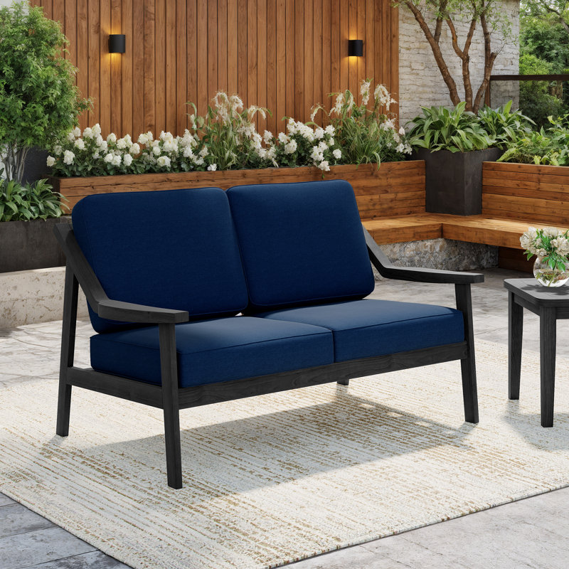 Marlo Solid Wood Teak Outdoor Loveseat With Cushion And Arms, Navy, Black