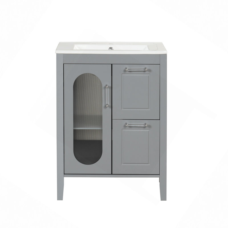 Meuble-lavabo 24 po avec lavabo, meuble-lavabo avec deux tiroirs et porte, tablette réglable, bois massif et panneau de fibres à densité moyenne