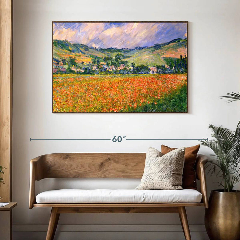 Champ de coquelicots dans un creux près de Giverny, 46 po x 31 po, Cadre flottant noyer