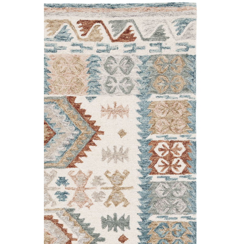 Tapis marocain ivoire / bleu en laine / coton touffeté à la main, Rectangle 3 pi x 5 pi