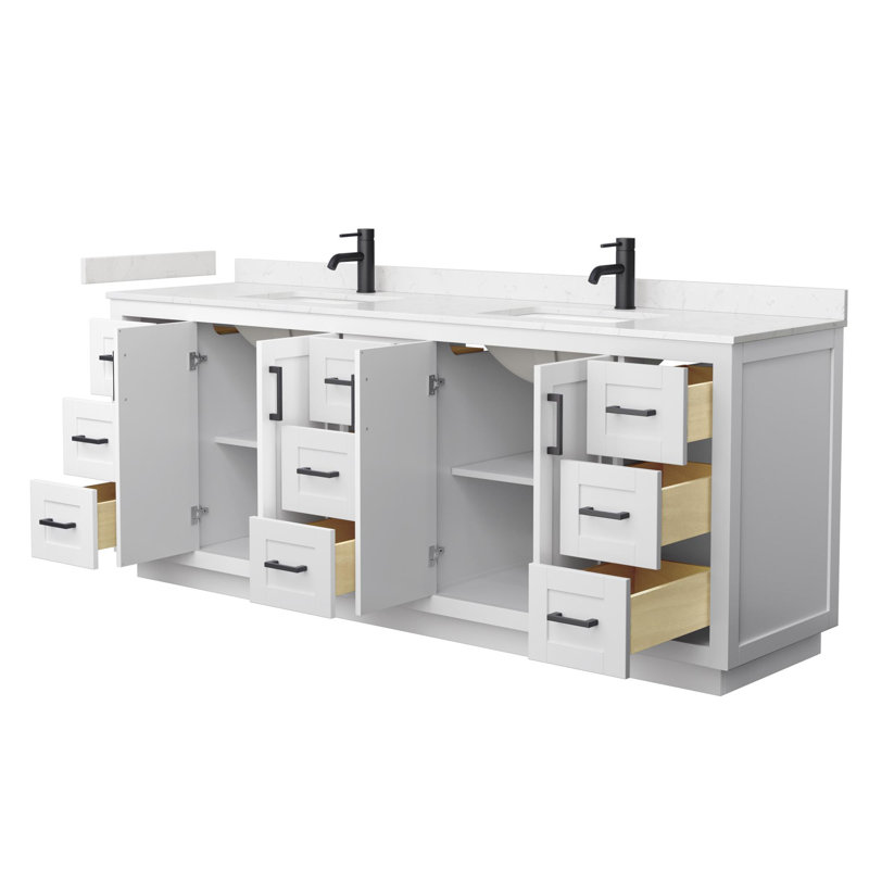 Miranda 84" Freestanding Double Bathroom Vanity with Cultured Marble Top, White, Matte Black, Carrara Cultured Marble