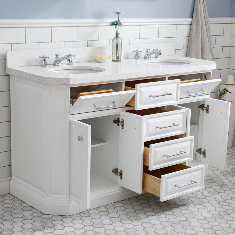 Bruning 60'' Double Bathroom Vanity with Engineered Marble Top, Pure White, Polished Nickel