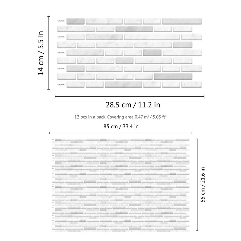 Self Adhesive Light Marble Long Mosaic Wall Tile Sticker 14cm x 28.5cm, White/Light Grey