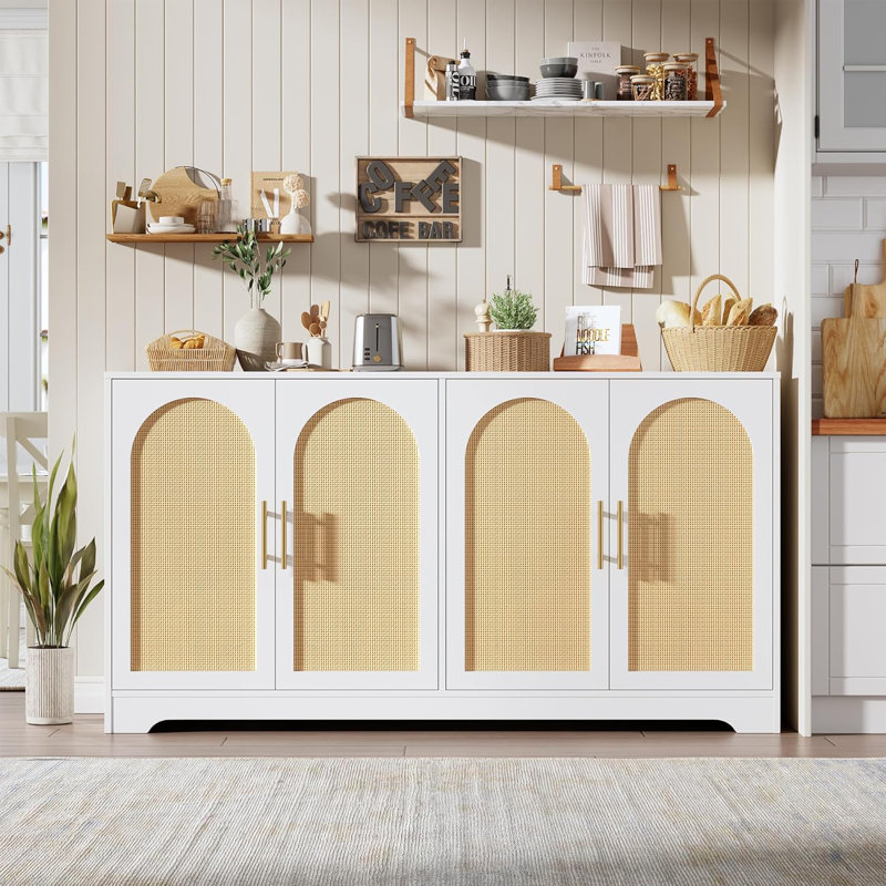 59” Sideboard Buffet Cabinet - Large Credenza Storage with 4 Rattan Doors, Modern Console Table Accent Coffee Bar Cabinet for Living Room, Kitchen, Hallway, Dining Room, Entryway