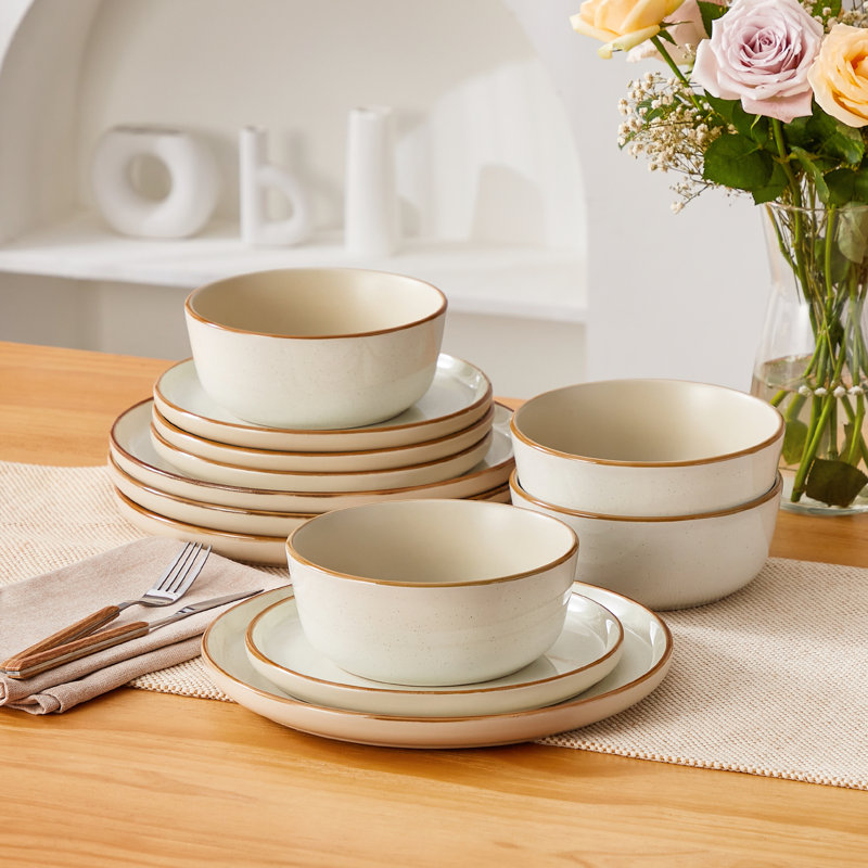 RENIOO Stoneware Dinnerware Set 12 Piece - Service for 4, Beige