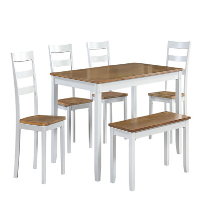 6‑piece Contemporary Rectangular Dining Set, White & Light Brown Rubberwood Table With Solid Wood Seats, 4 Side Chairs & 1 Bench-light Brown + White +