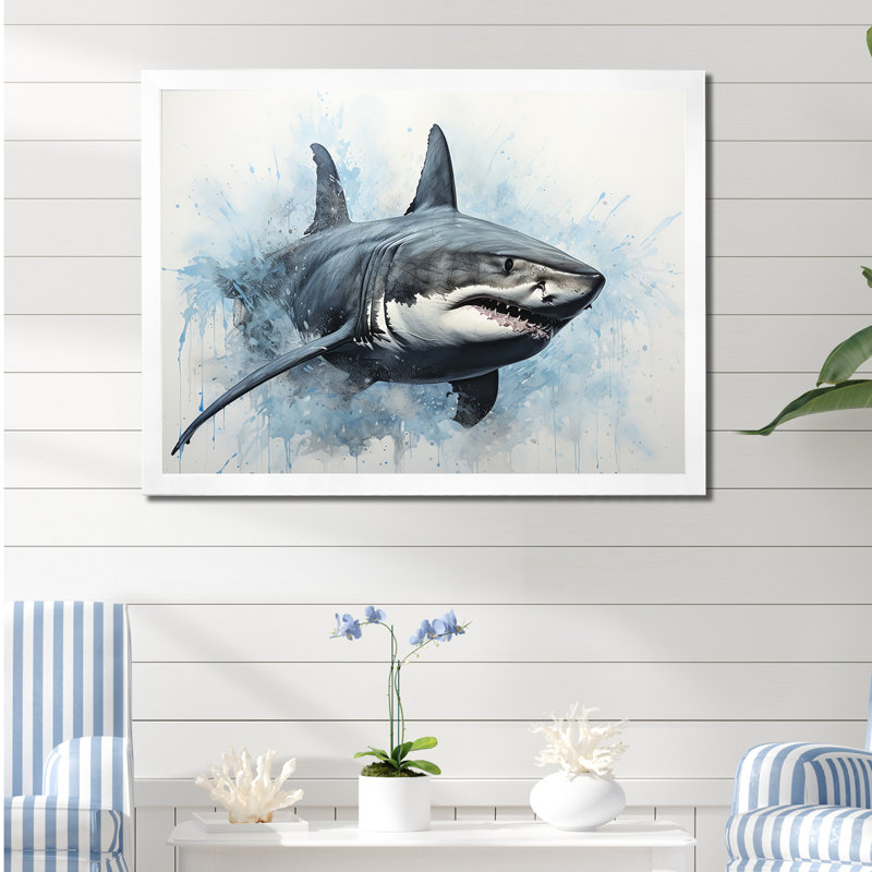 " Minimalism Blue Shark Painting I ", 34" H x 44" W x 1.5" D, White Single Picture Framed