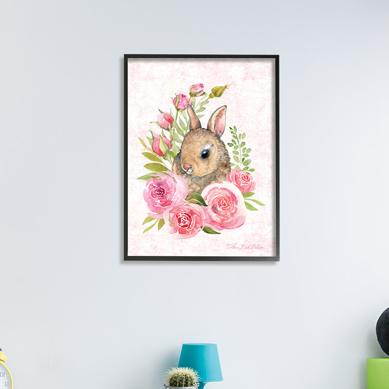 Joli lapin mignon en fleurs roses - impression, Giclée encadrée noir minuit, H 14 po x l 11 po x P 1,5 po