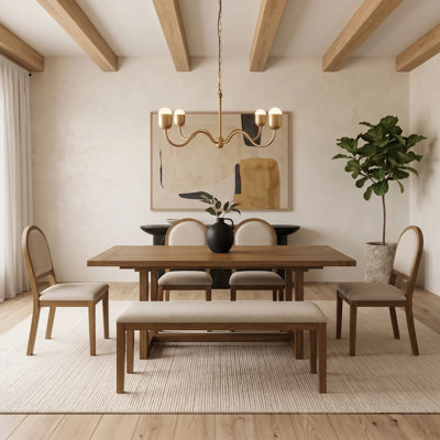Ensemble de salle à manger extensible en bois massif et en tissu 6 pièces Hearthspan