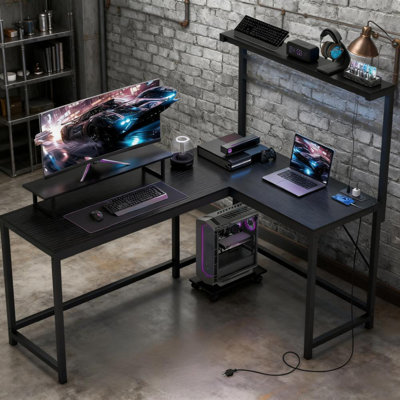 L Shaped Gaming Desk with Power Outlets & LED Lights