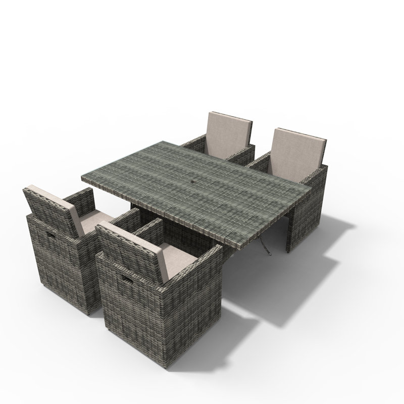 4 - Person Wicker Patio Dining Set with Rectangular Table , Cushions Included, Gray
