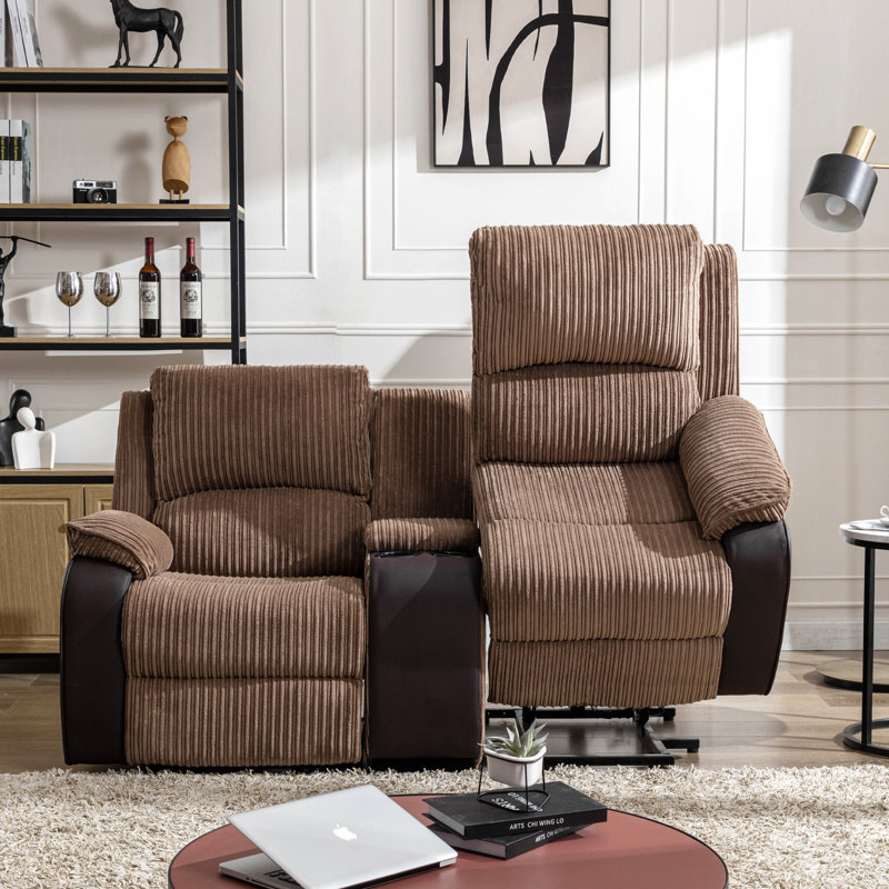 Mitrita 2 Seater Rise Recliner Upholstered Loveseat Sofa with Drinks Console, Brown, Single Motor