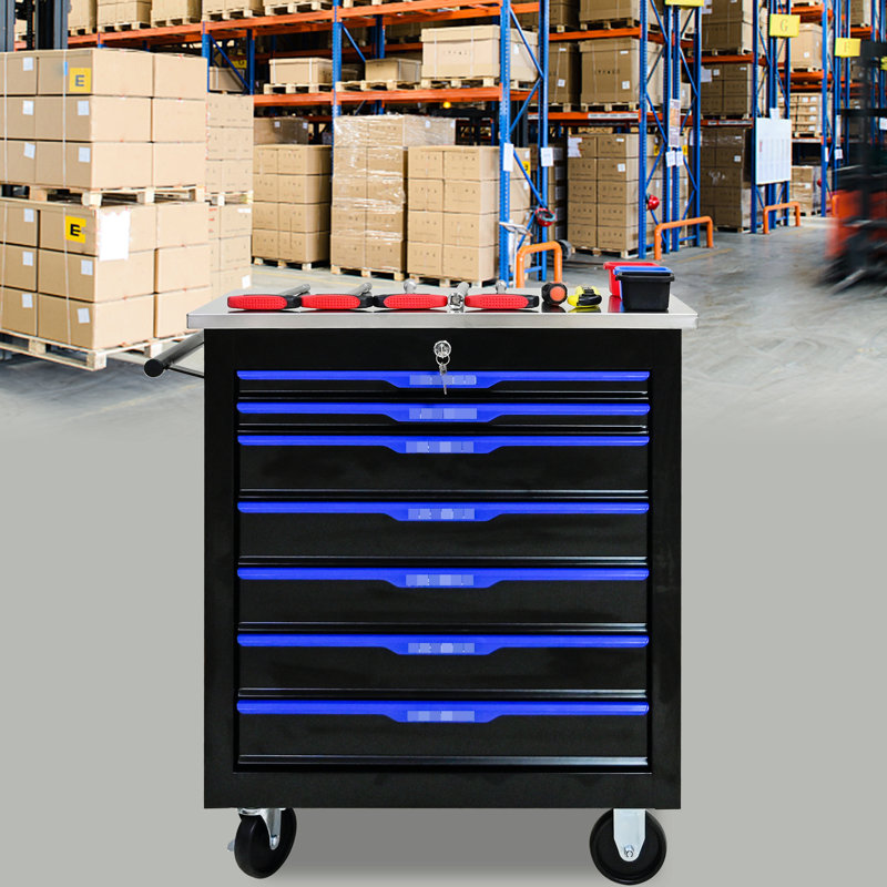 Chariot de rangement portatif 7 tiroirs - noir + bleu, acier, rangement verrouillable, comptoirs en acier inoxydable, coffre à outils de 4 po