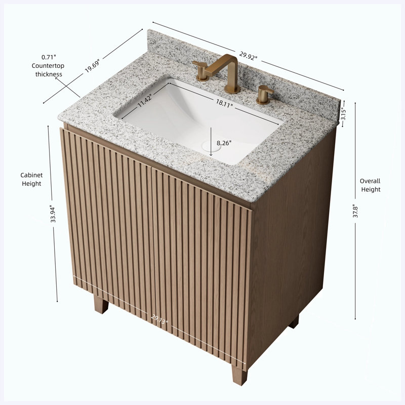 Meuble-lavabo autoportant Heidelberg de 30 po à motif de bois avec lavabo, comptoir en granit naturel, lavabo en céramique et 3 trous pour robinetterie (robinet et bonde non inclus).
