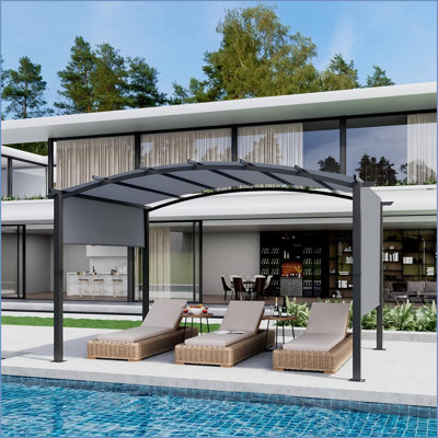 12X9 Ft Outdoor Arched Pergola Metal Gazebo With Retractable Sun Shade For Garden Patio Backyard Deck Lawns