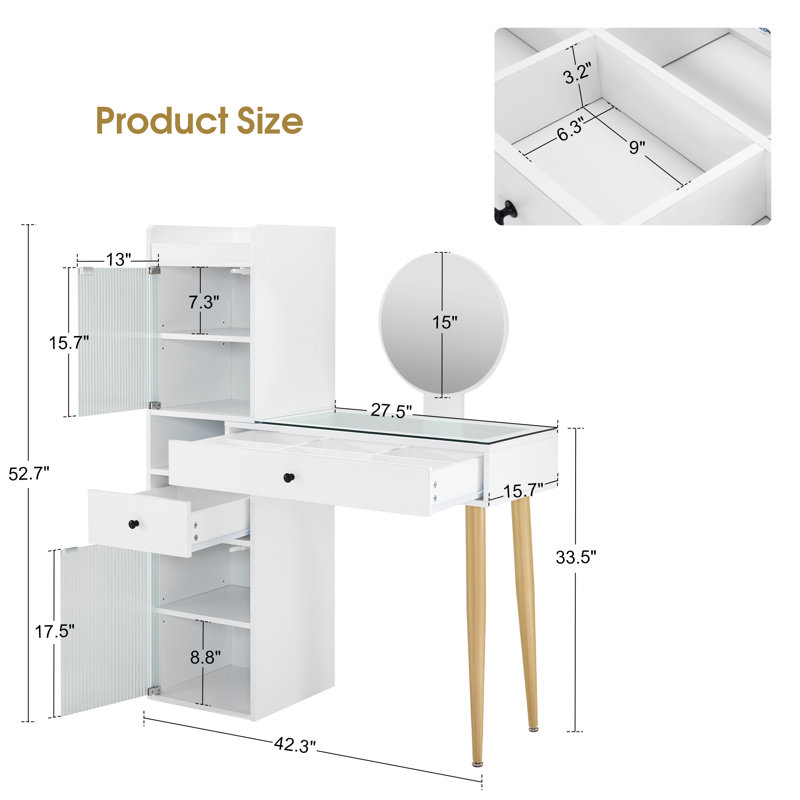 Glass Top White Makeup Vanity Desk with Mirror, Dressing Table with Cabinet with Doors