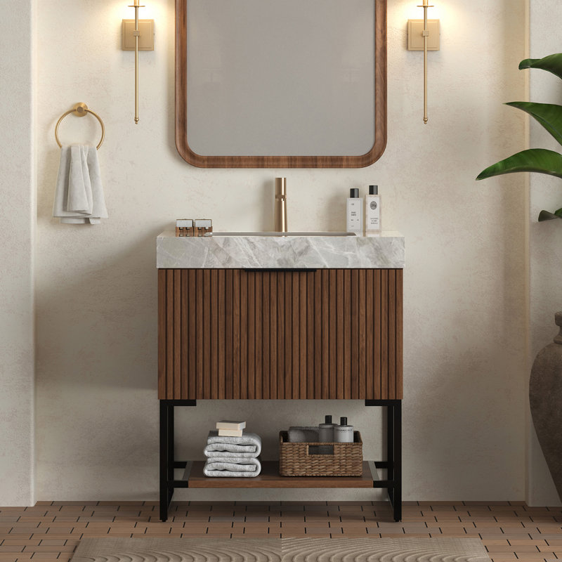 Meuble-lavabo de salle de bain YOLAN, 30", Gris marbre, Noyer foncé
