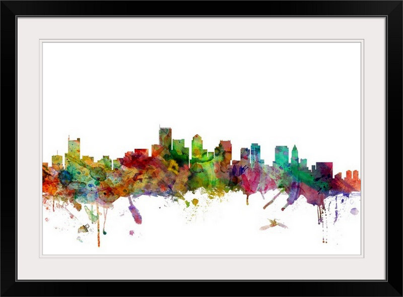 «Boston Massachusetts Skyline» par Michael Tompsett - impression d'art graphique, Cadre noir, H 24 po x l 32 po x P 1 po