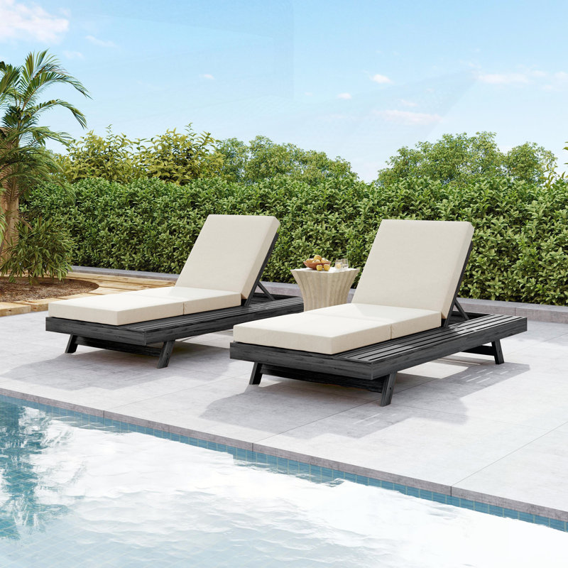 Lounge Chaise Set With Acacia Solid Wood And Adjustable Backrest, Cream Triple Fold Cushion For Outdoor Relaxation, Black