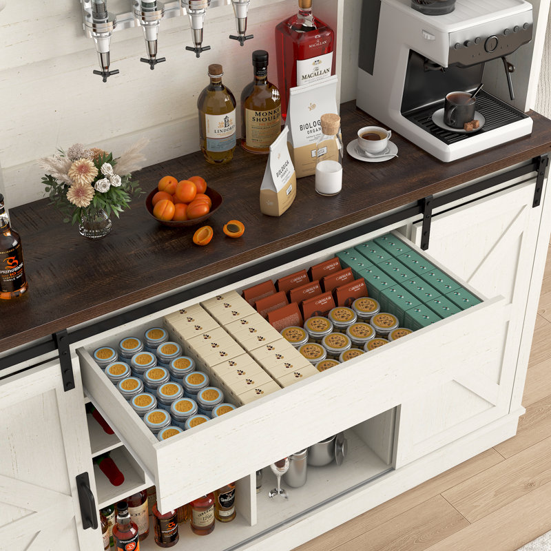 Bar Cabinet with Charging Station and Sliding Barn Doors, White