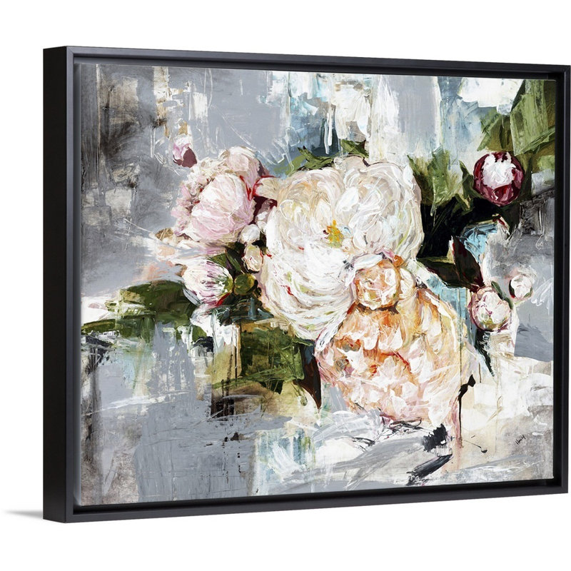 « pivoine fleuri », peinture sur toile, H 21,7 po x l 25,7 po x p 1,75 po, Cadre flottant noir