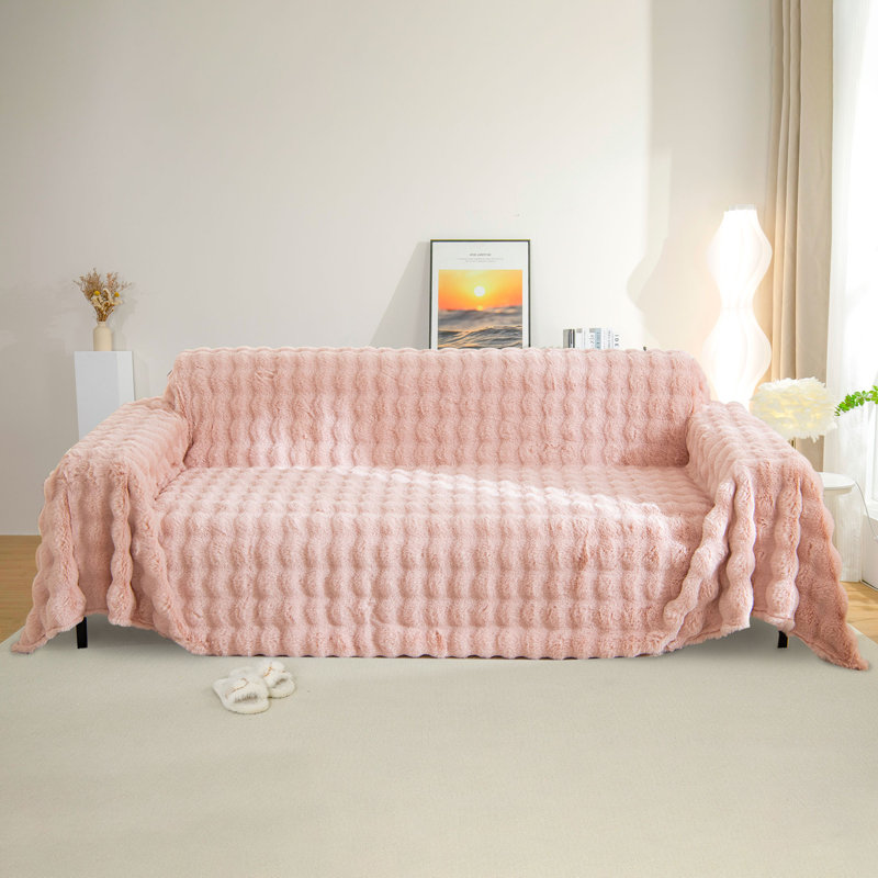 1-Piece Faux Fur Box Cushion Slipcover, Pink, 71" H x 118" W