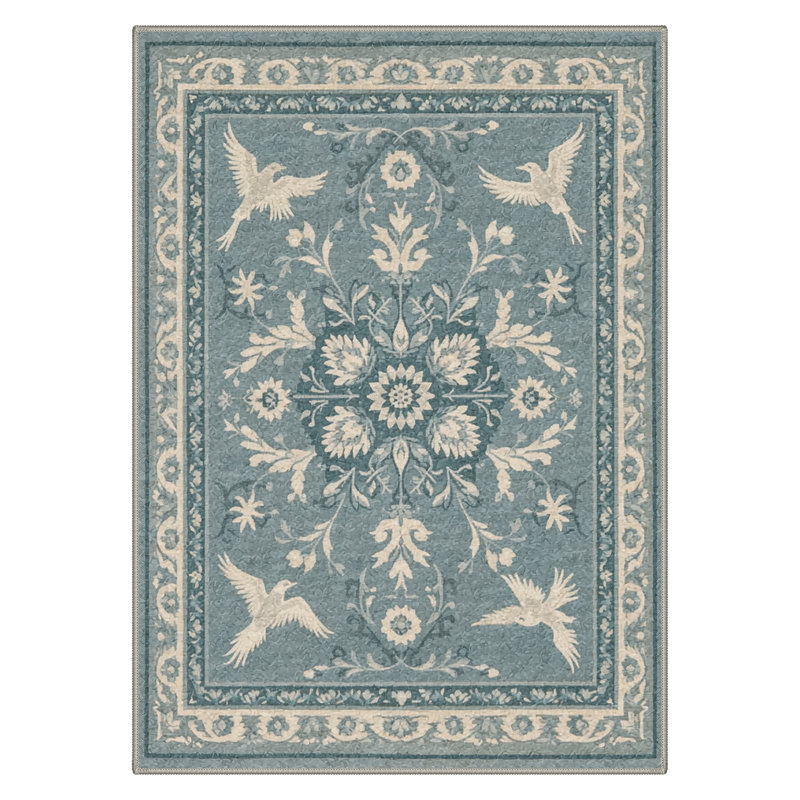 Tapis vert / beige lavable à la machine Bird / Floral avec envers antidérapant, Rectangle 9' x 12'