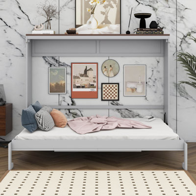 Horizontal Murphy Bed With USB, Wood Murphy Wall Bed With Slats For Guest Room, Home Office