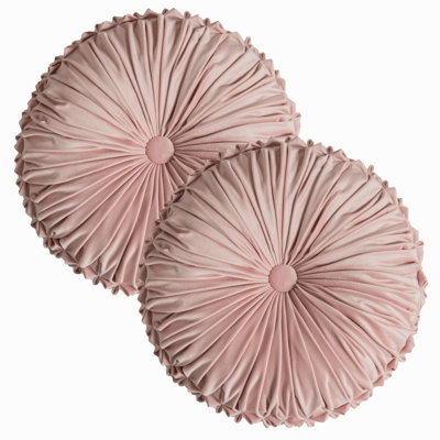 Round Throw Pillow Set Of 2 – Decorative Velvet Ruched Pumpkin Pillows With Button Center, Soft Handmade Cushions For Couch Sofa Bed Farmhouse Vintage Rustic Decor, 14.5"R