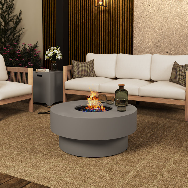 Outdoor Round Steel Fire Pit Table With Hidden Fuel Tank, Light Gray