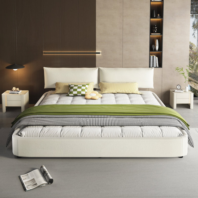 Base de lit Cloud avec tête de lit mobile surdimensionnée et rembourrée, Beige / Blanc