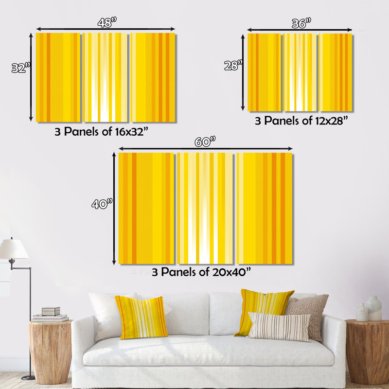 Impression sur toile, 3 pièces, jaune sur toile, H 28 po x l 36 po x P 1 po