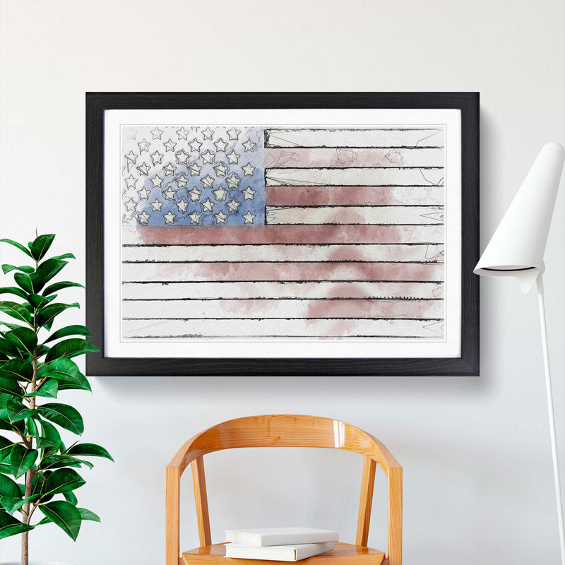 Painted American Flag in Abstract - Picture Frame Drawing Print, 27cm H x 36cm W x 2cm D, Black Framed