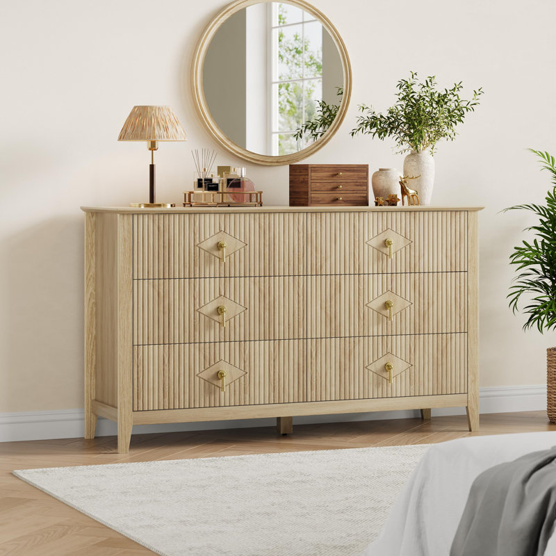 Dresser for Bedroom with 6 Drawers, 48" Wide Modern Chest of Drawers with Metal Handle, Dresser TV Stand, Yellow