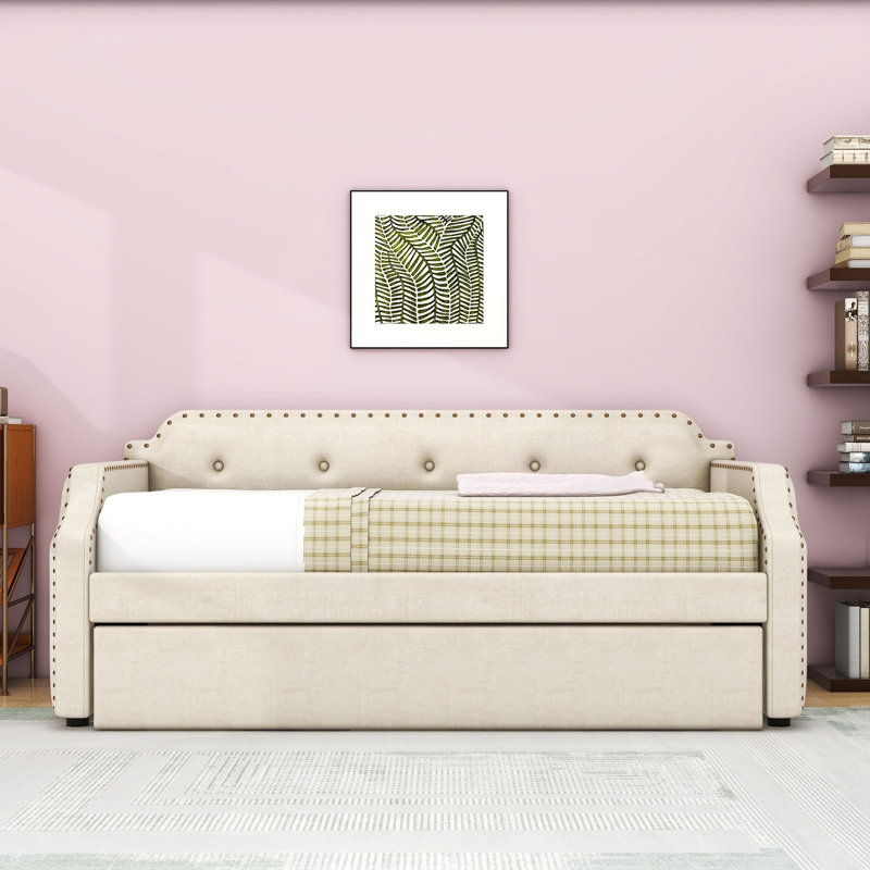 Twin-Size Linen Upholstered Daybed with Twin Trundle and Slats, Beige