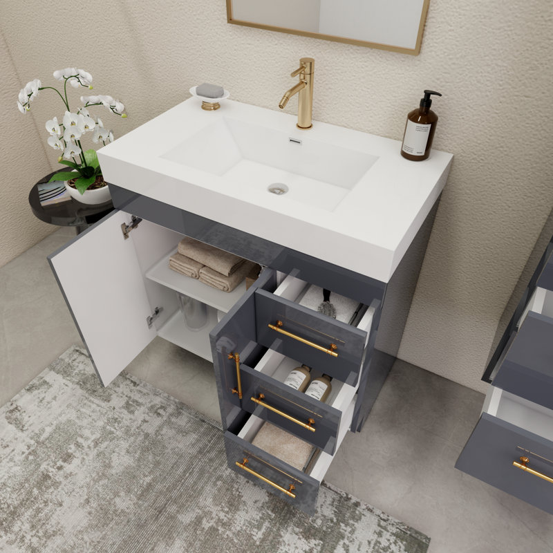 Ensemble de meuble-lavabo simple 36 po avec tiroirs et portes, Gris brillant