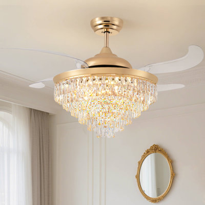 Ventilateur de plafond rétractable en cristal avec lumières DEL et télécommande