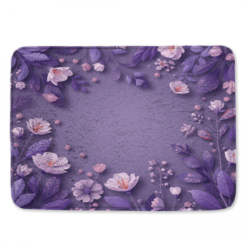 Tapis de bain mauve à bordure florale, 24in W x 17in L