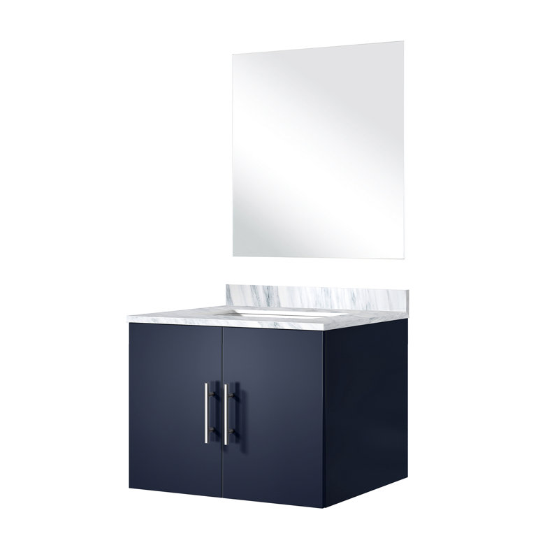 24 po Meuble-lavabo bleu marine, comptoir en marbre, miroir 18 po, meuble-lavabo résistant aux éraflures avec plateau et fermeture en douceur