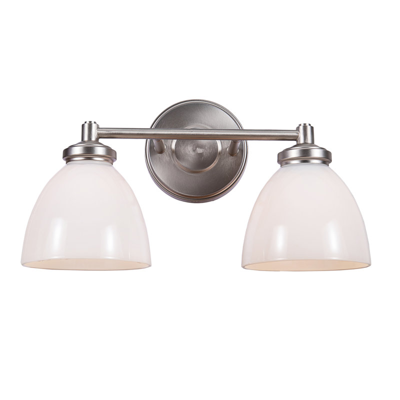 Brushed Nickel 2-Light Vanity Fixture with White Glass Shades