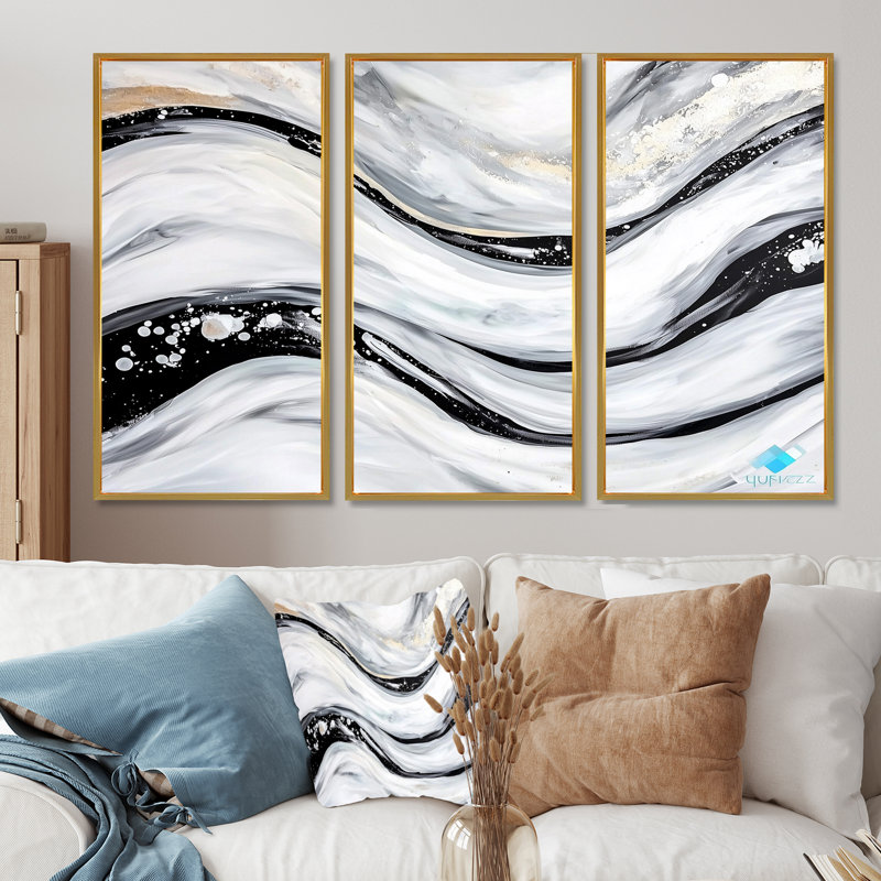 «Black and Grey Stone Abstract Waves II - Abstract Modern Waves», ensemble de reproduction d'art mural, H 28 po x l 36 po