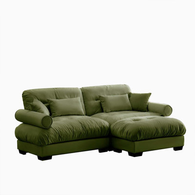 Round Bolster Armrest Matching Ottoman Multi Pillow Small L Shape Oversized Velvet Two Seater Sofa For Reading Room Loft Bedroom