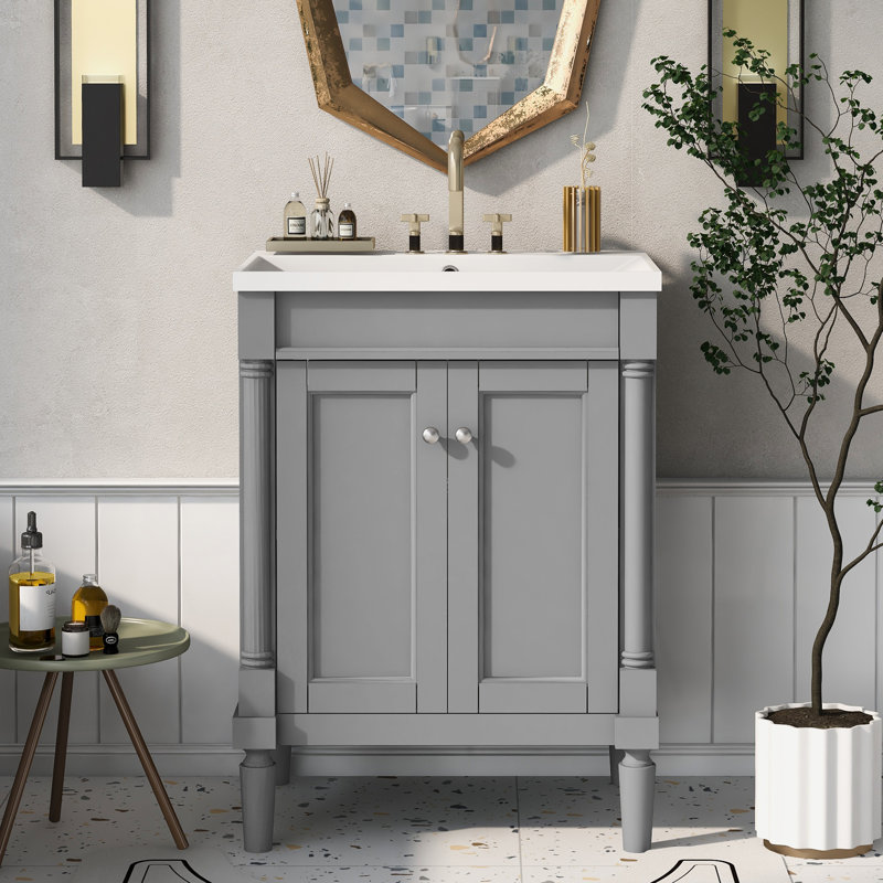 Meuble-lavabo sur pied simple 24 po avec plateau en résine Lillyana, Blanc / gris