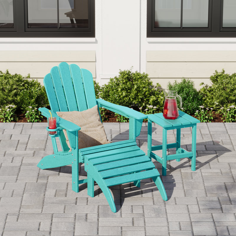 Outdoor Poly Adirondack Chair With Side Table And Ottoman, Turquoise