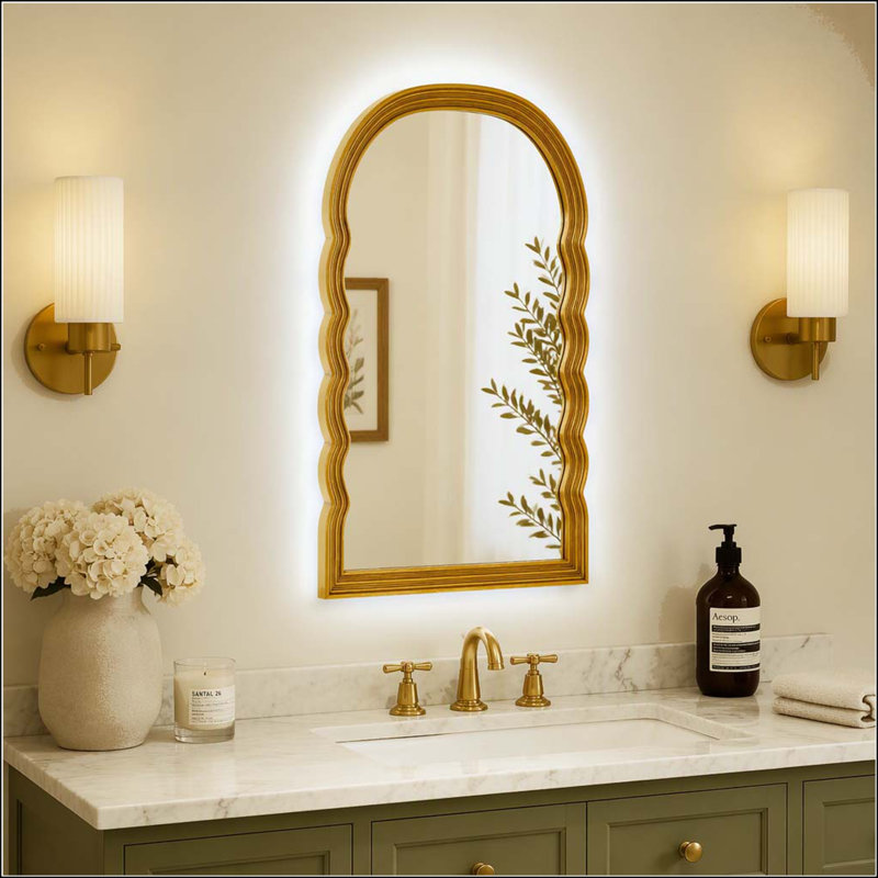 Miroir décoratif arqué en polyuréthane de style rétro avec trois températures de couleur pour le vestibule du couloir de la salle de bain