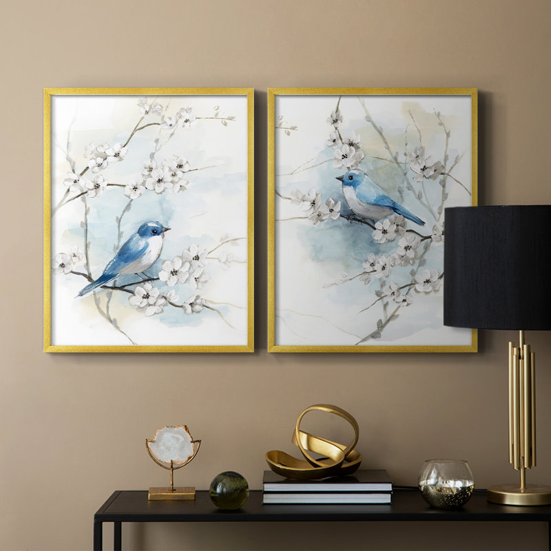 «Blossoms and Bluebird I», reproduction encadrée de qualité supérieure - prête à être accrochée - aucun clou requis - aucun clou requis