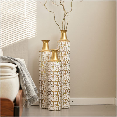 Decorative Metal Vases Set of 3, 24/28/32.3 Inch Gold Leaf Pattern Floor Vases, White & Gold Tall Vases for Home Decor, Living Room Entryway Decor (5.31in Base Width)