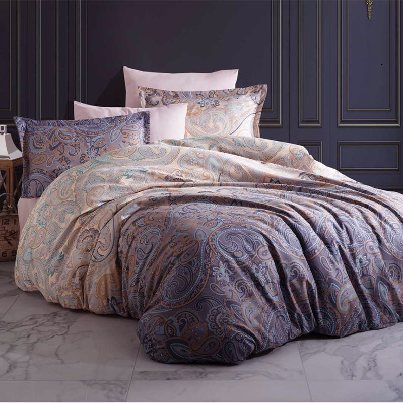 Queen Cotton Sateen Paisley Duvet Cover Set with Pillowcases